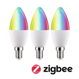 Drie Zigbee slimme LED-kaarslampen met witte voet en meerkleurige top voor huisverlichting