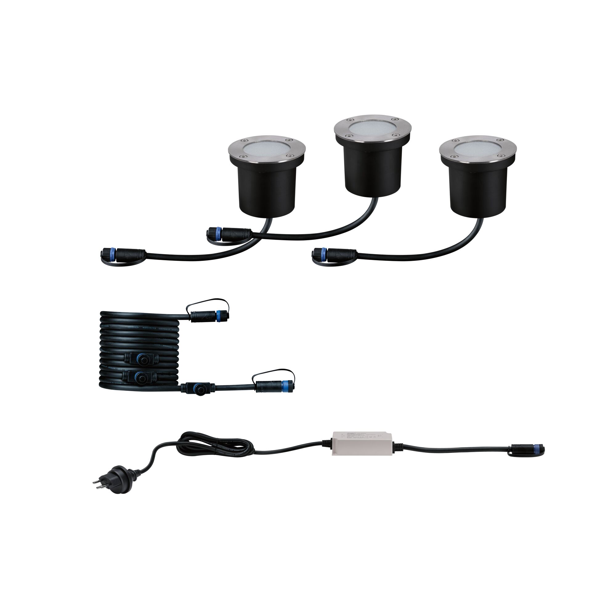 Drei schwarze LED-Erdstrahler mit Edelstahlrand, Kabel und Netzteil für Außenbeleuchtung.