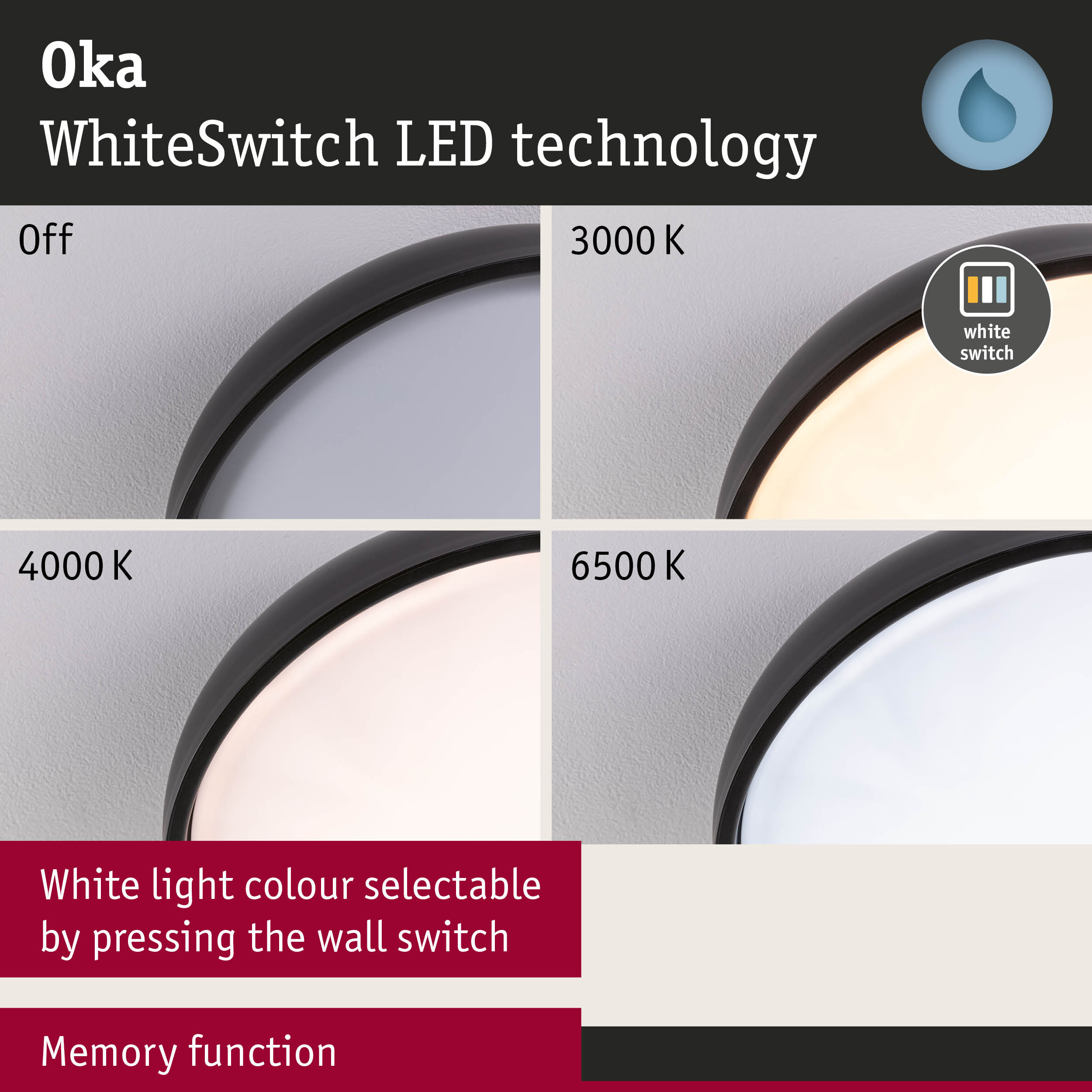 LED ceiling light with WhiteSwitch technology displaying selectable white light colours from 3000K to 6500K