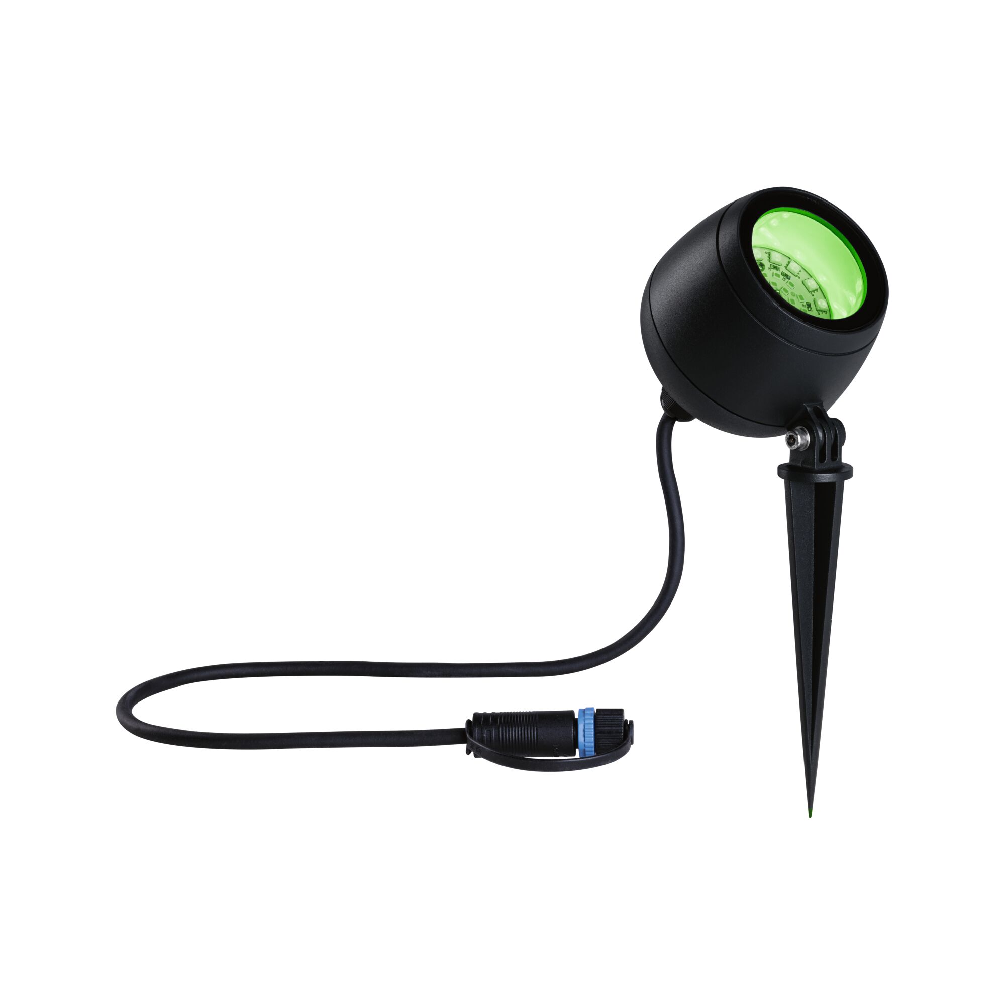Black LED garden spotlight with green light and ground spike for outdoor lighting and garden decor.