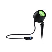 Black LED garden spotlight with green light and ground spike for outdoor lighting and garden decor.