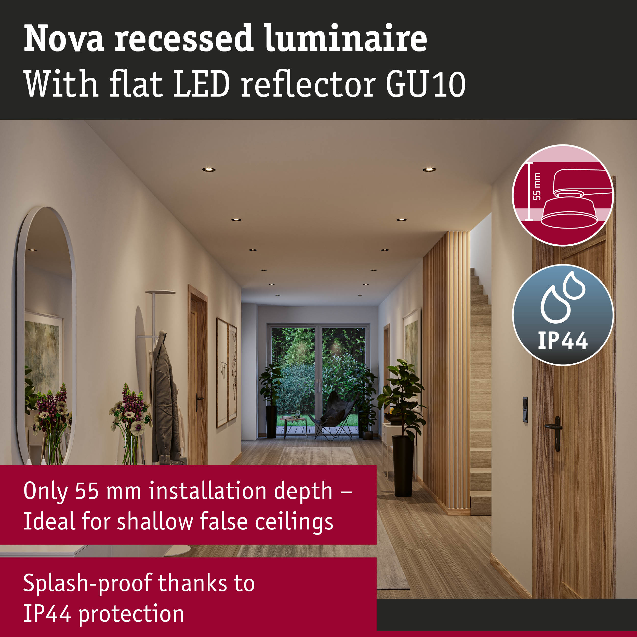 Nova recessed luminaire with flat LED reflector GU10, 55 mm installation depth, splash-proof IP44