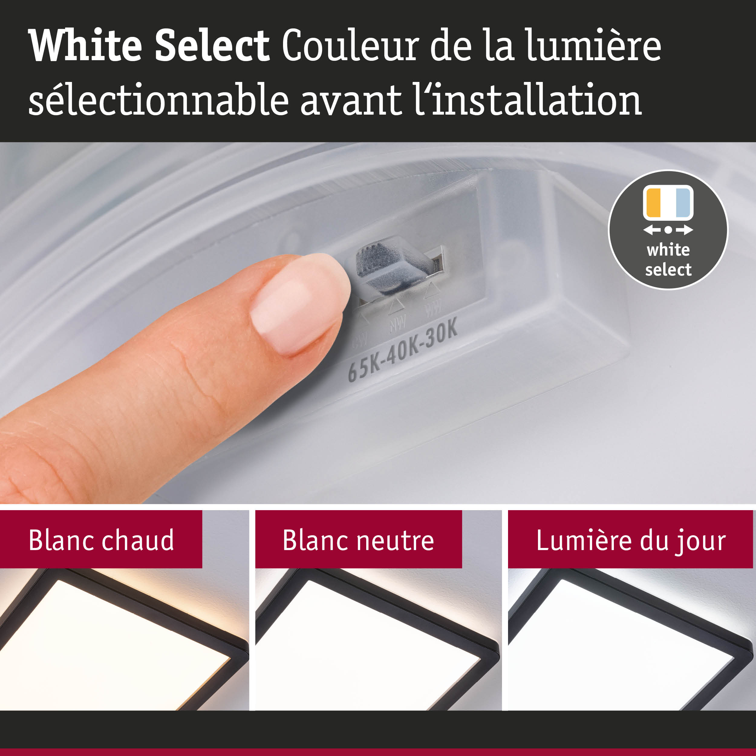 Doigt réglant la couleur de la lumière sur un interrupteur blanc – plafonnier LED dimmable avec sélection de couleur