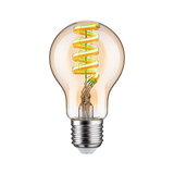 LED light bulb with spiral filament in amber glass and silver base for decorative lighting use