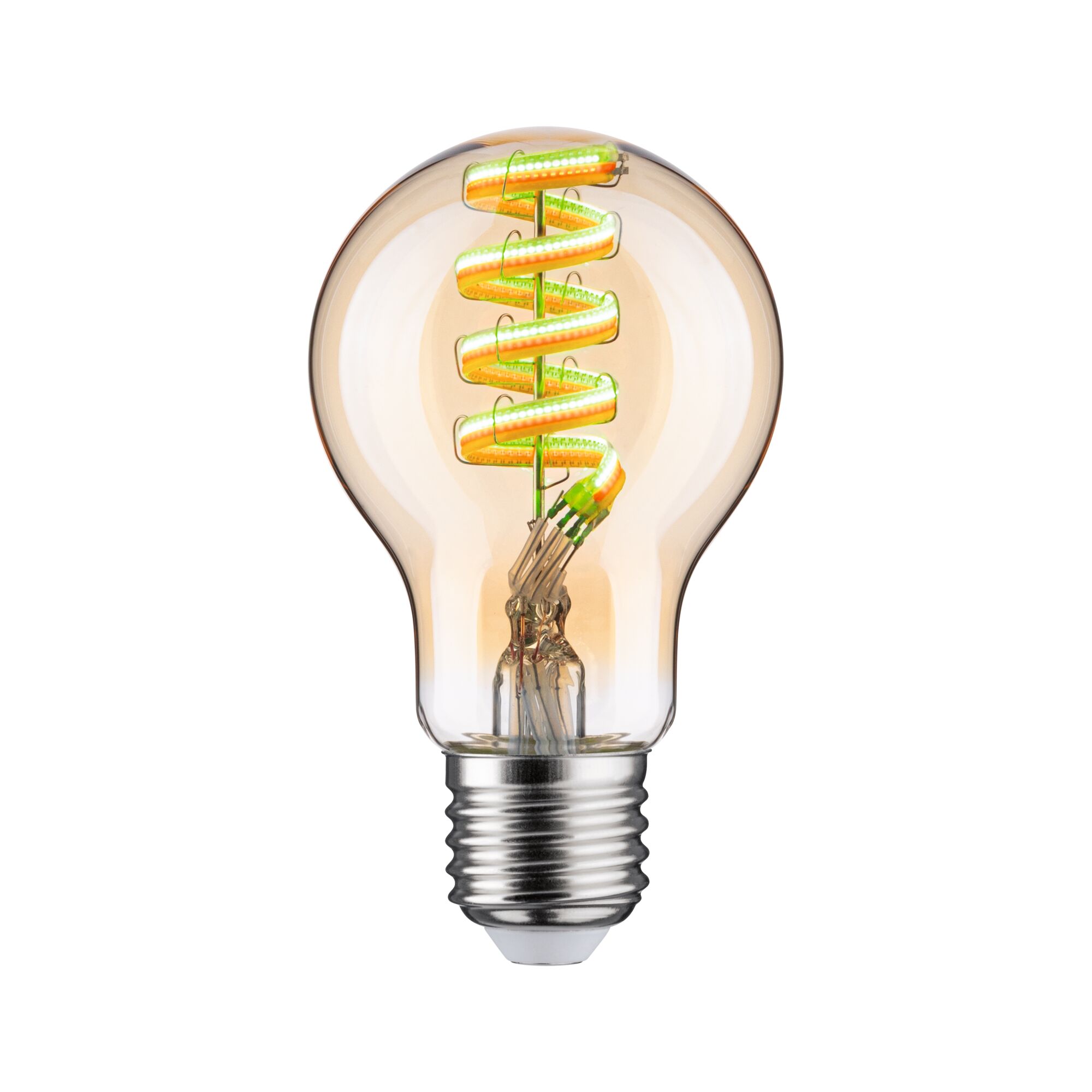 LED-lamp met spiraalvormig gloeidraad in amberkleurig glas en zilveren voet voor decoratieve verlichting