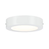 Round white metal LED ceiling light with warm white illumination for modern interiors