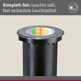 Schwarze Bodeneinbauleuchte mit Edelstahlrand und farbwechselndem LED-Leuchtmittel für Außenbereiche