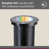 Schwarze Bodeneinbauleuchte mit Edelstahlrand und farbwechselndem LED-Leuchtmittel für Außenbereiche