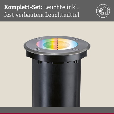 Schwarze Bodeneinbauleuchte mit Edelstahlrand und farbwechselndem LED-Leuchtmittel für Außenbereiche