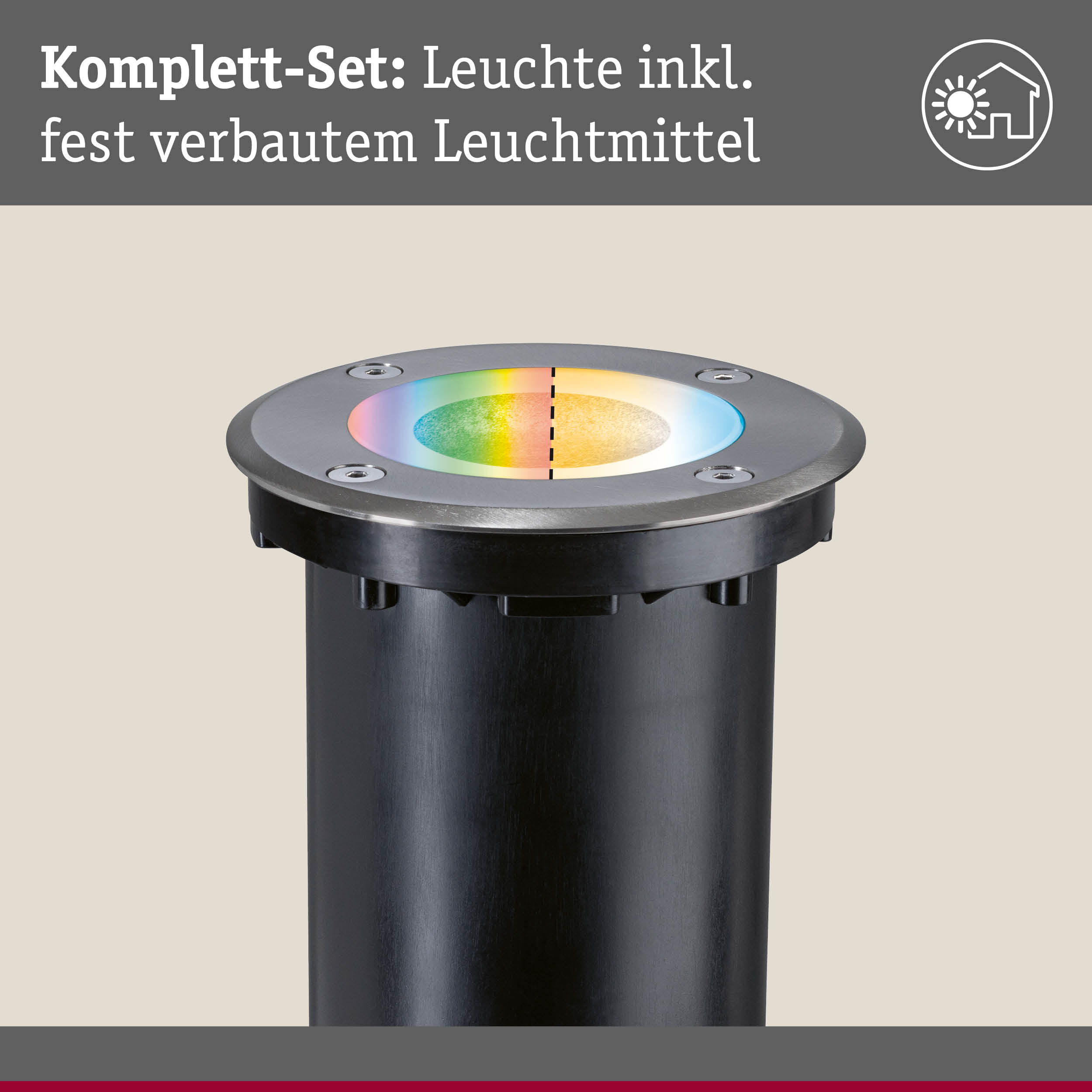 Runde schwarze Bodeneinbauleuchte mit integriertem Leuchtmittel und farbwechselndem Licht für Außenbereiche