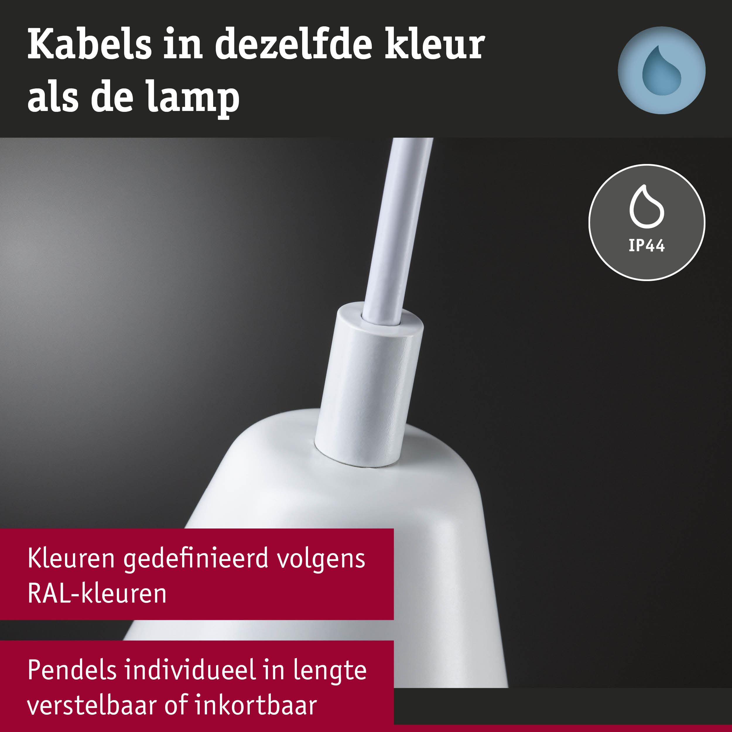 Witte hanglamp met kabel in dezelfde kleur en IP44 bescherming voor vochtige ruimtes