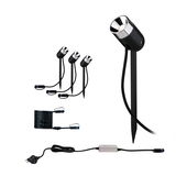 Set of three black metal LED garden spotlights with ground stakes and connection cable for outdoor lighting
