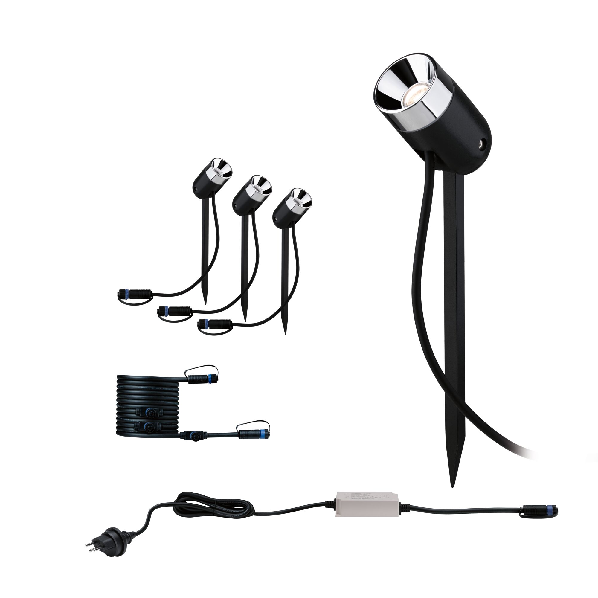 Set of three black metal LED garden spotlights with ground stakes and connection cable for outdoor lighting