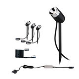 Set mit drei schwarzen LED-Gartenstrahlern aus Metall mit Erdspießen und Anschlusskabel für Außenbeleuchtung