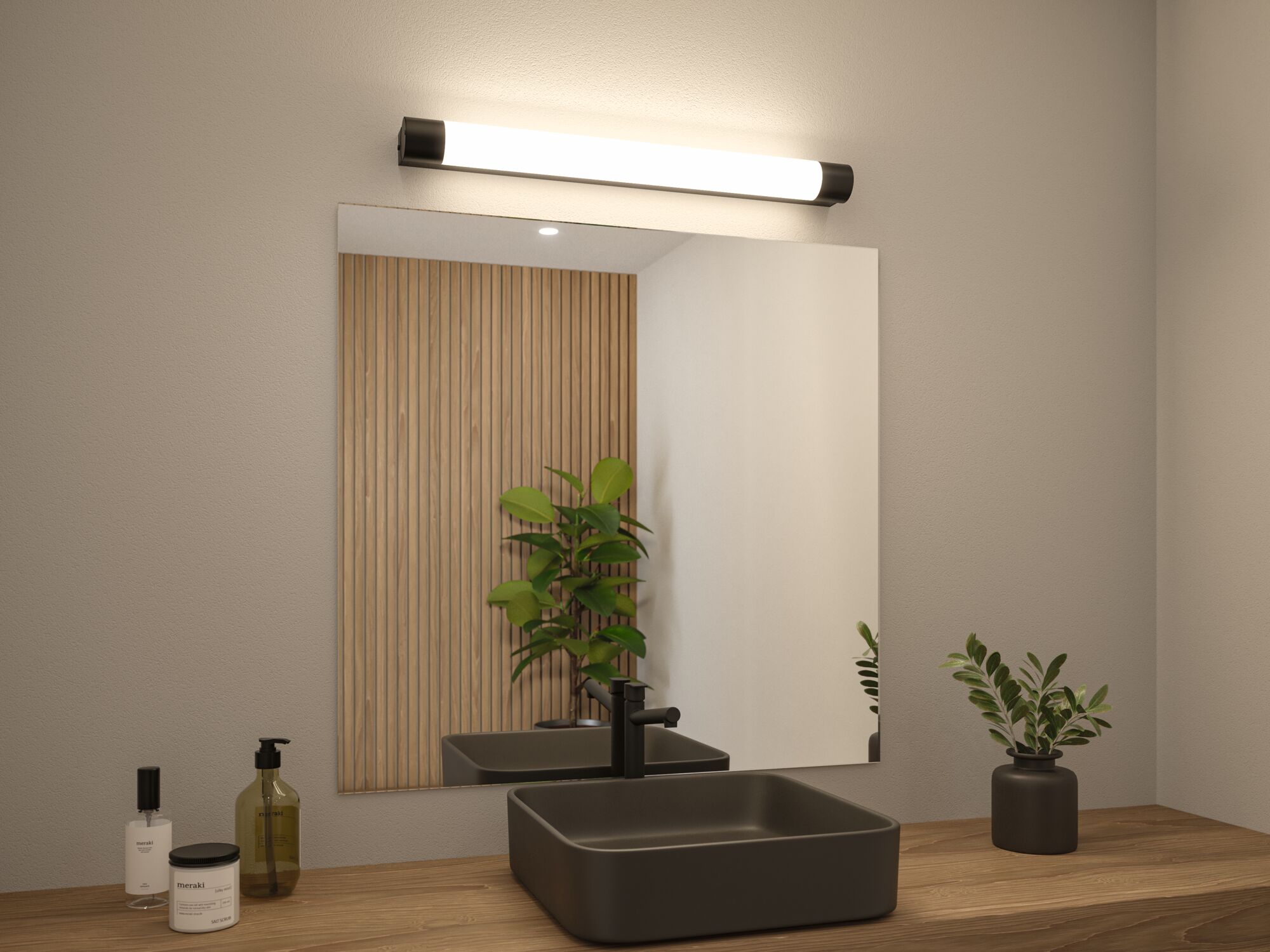Modernes Badezimmer mit schwarzem Keramik-Waschbecken und LED-Spiegelleuchte über Holzarbeitsplatte