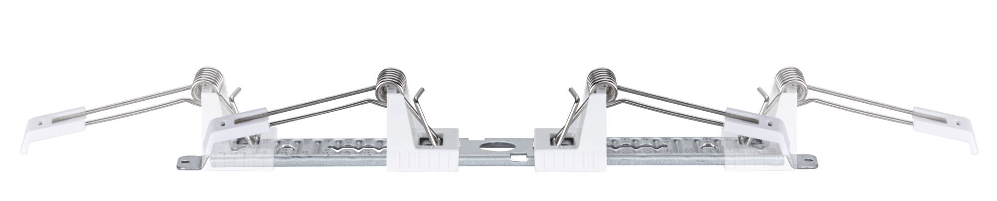 Metal mounting bracket with white plastic clips and springs for LED recessed spotlight installation