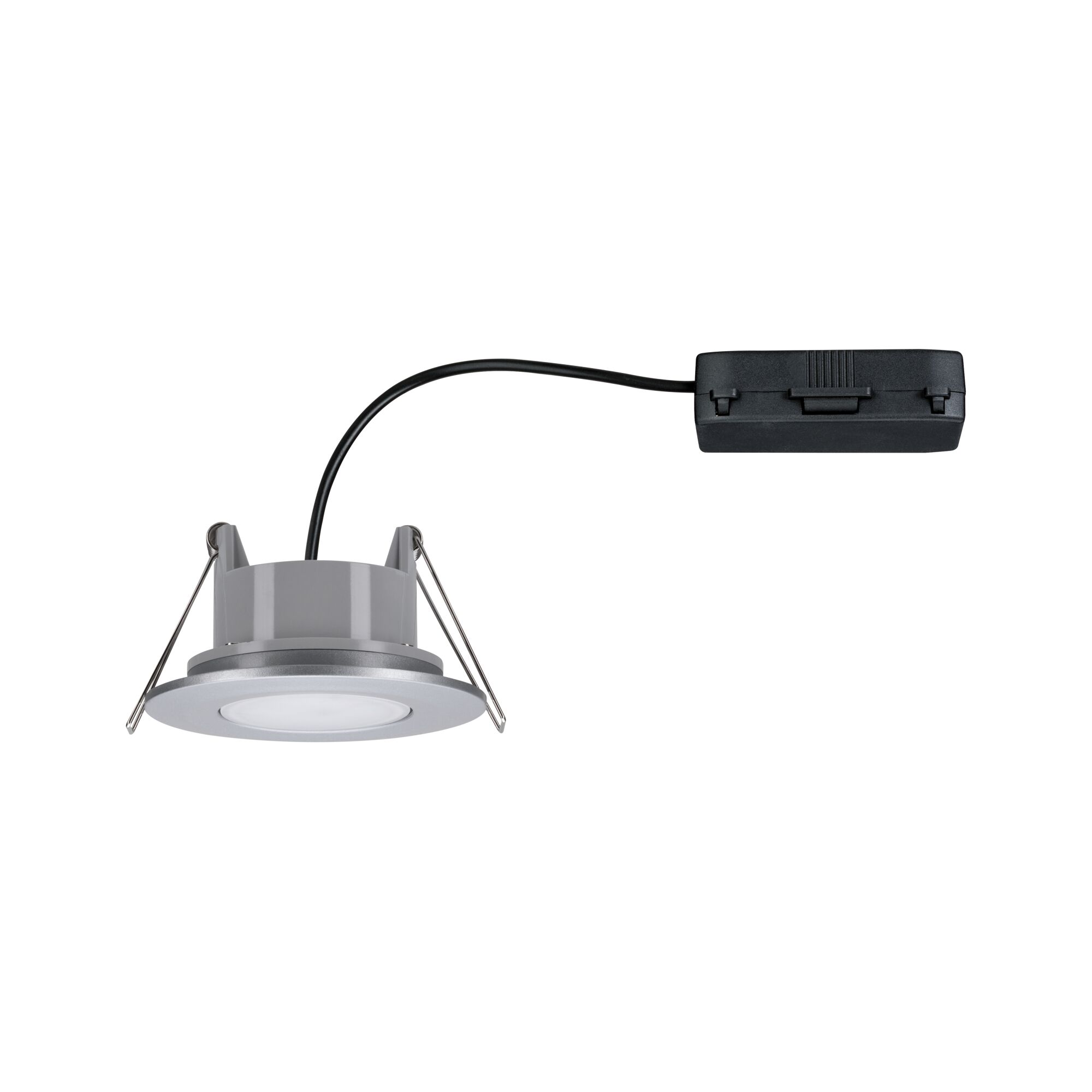 Ronde grijze LED-inbouwspot met zwarte kabel en schakelaar voor moderne verlichting