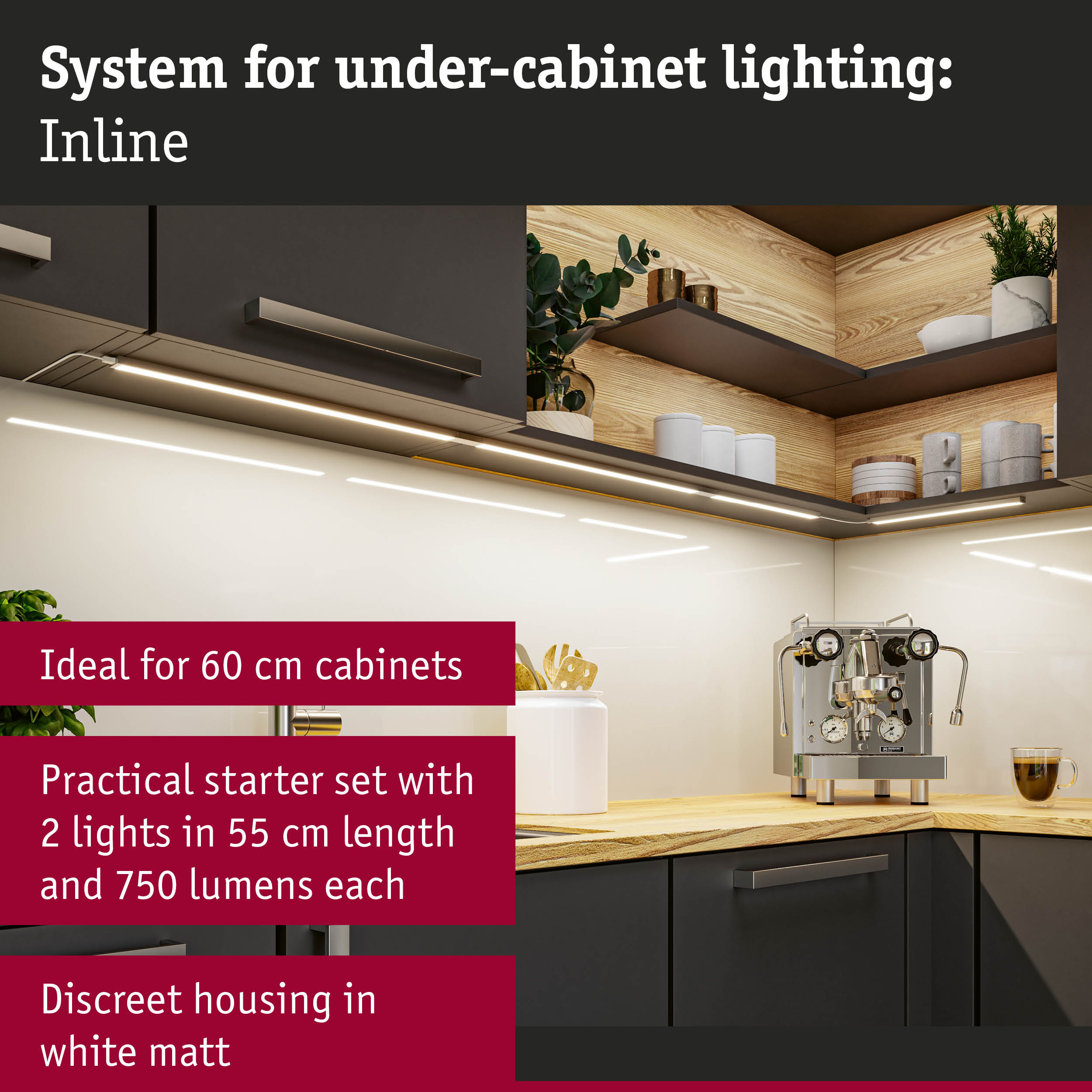 Under-cabinet lighting system with white matte housing and warm LED light for 60 cm cabinets