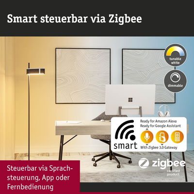Schwarze Stehleuchte mit dimmbarer, tunable white LED, steuerbar via Zigbee und Sprachsteuerung