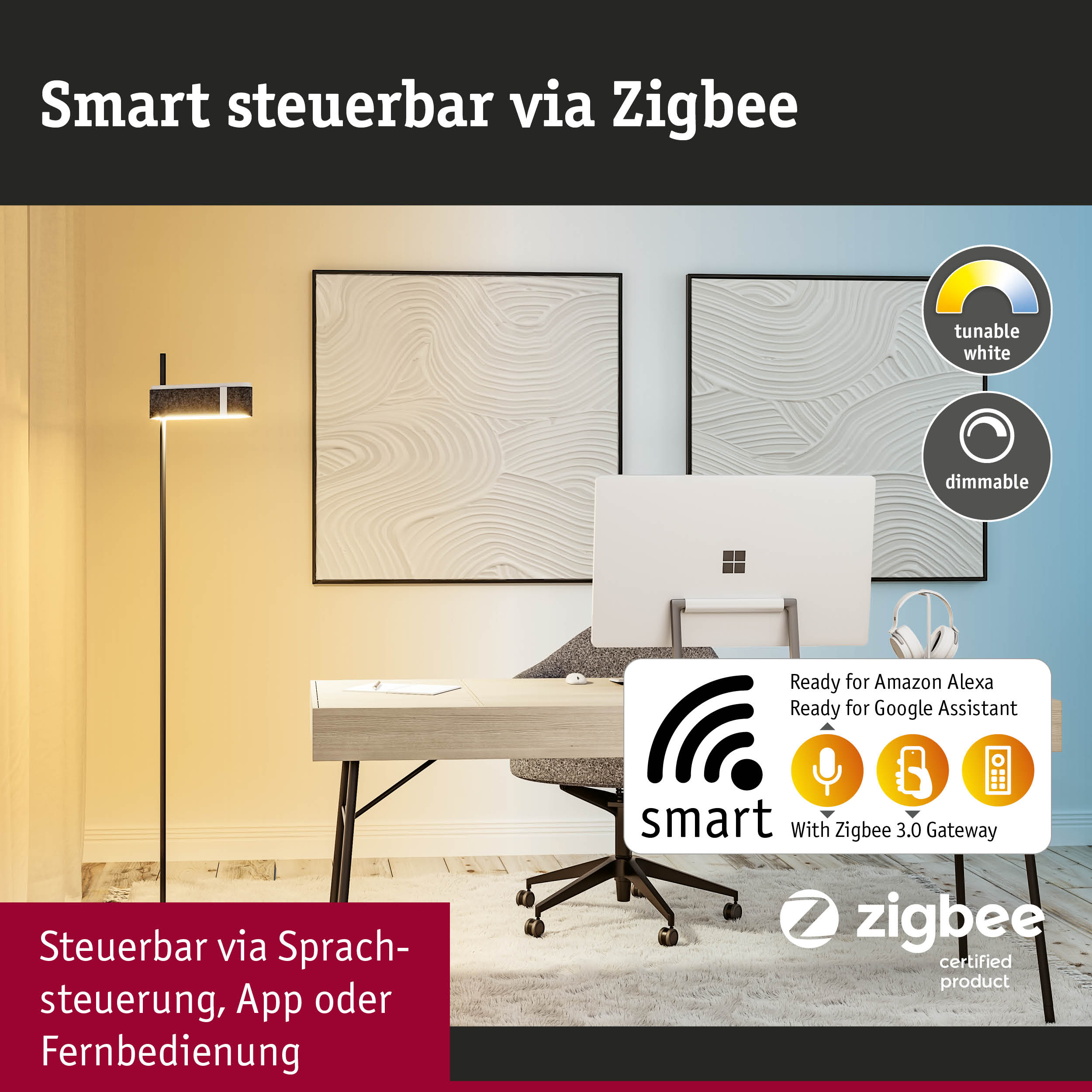 Modernes Büro mit smart steuerbarer Stehlampe via Zigbee, dimmbar und weiß einstellbar