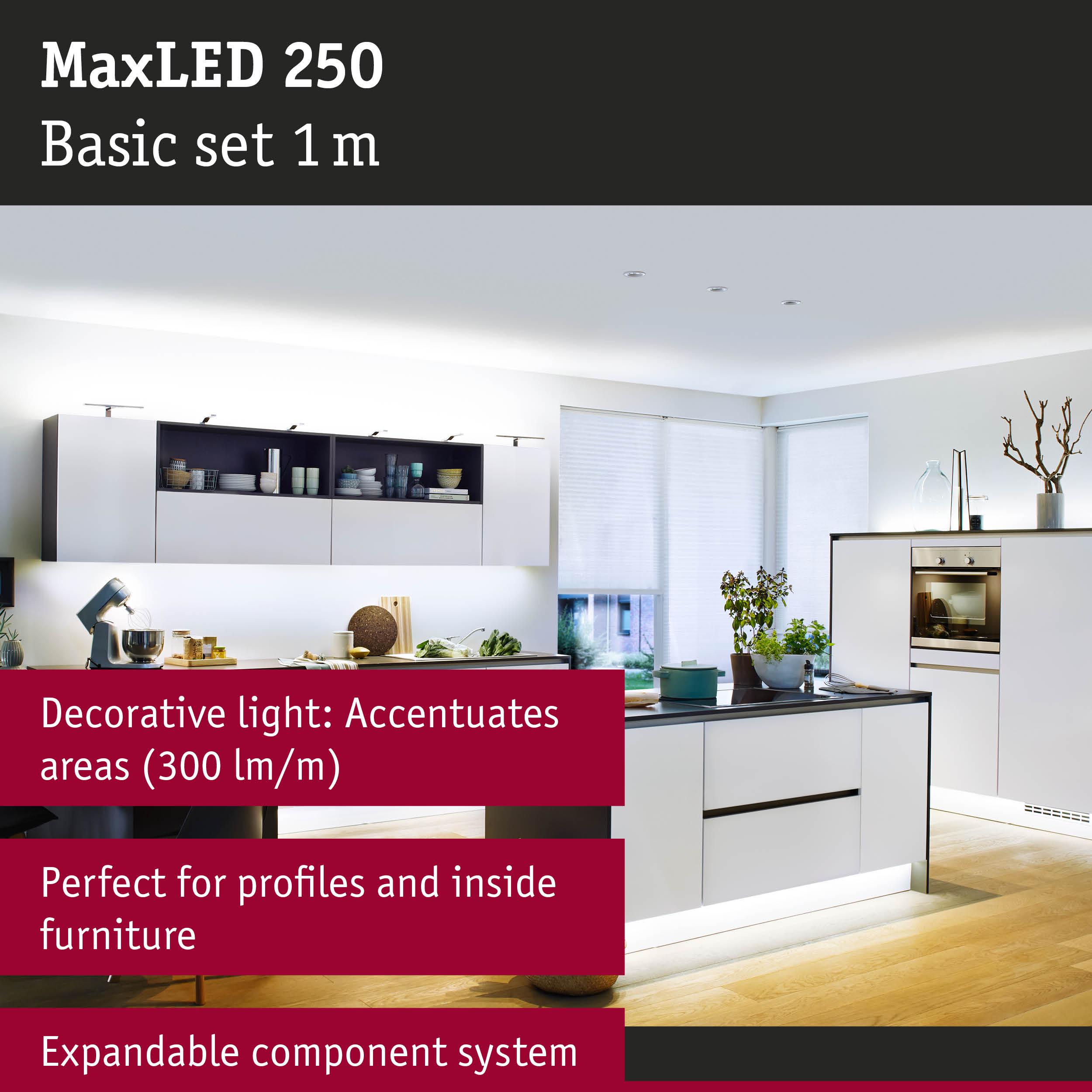 MaxLED 250 1m LED lighting in modern kitchen with white cabinets and under-cabinet accent lights