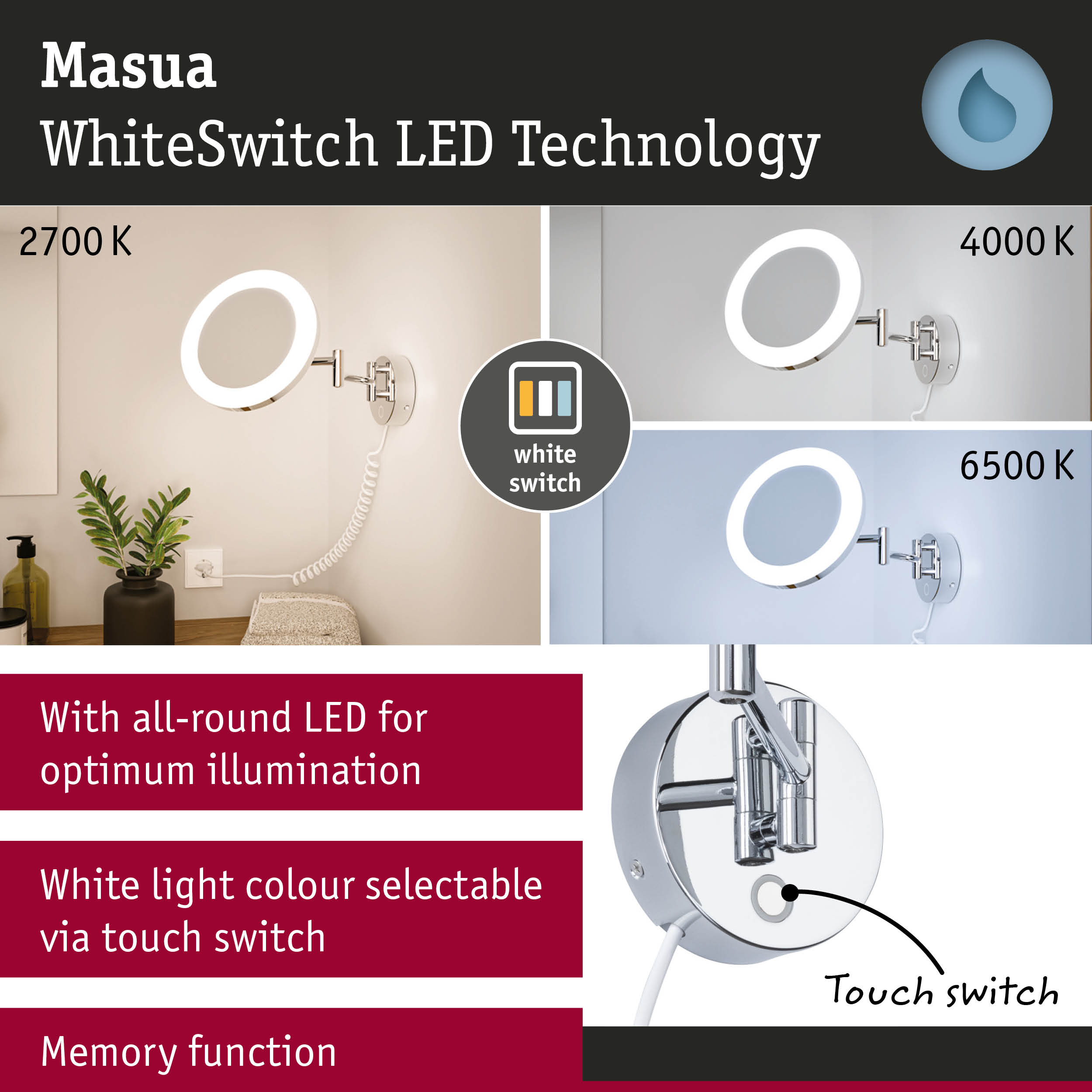 Masua LED wall light with WhiteSwitch technology and adjustable light colour from 2700K to 6500K
