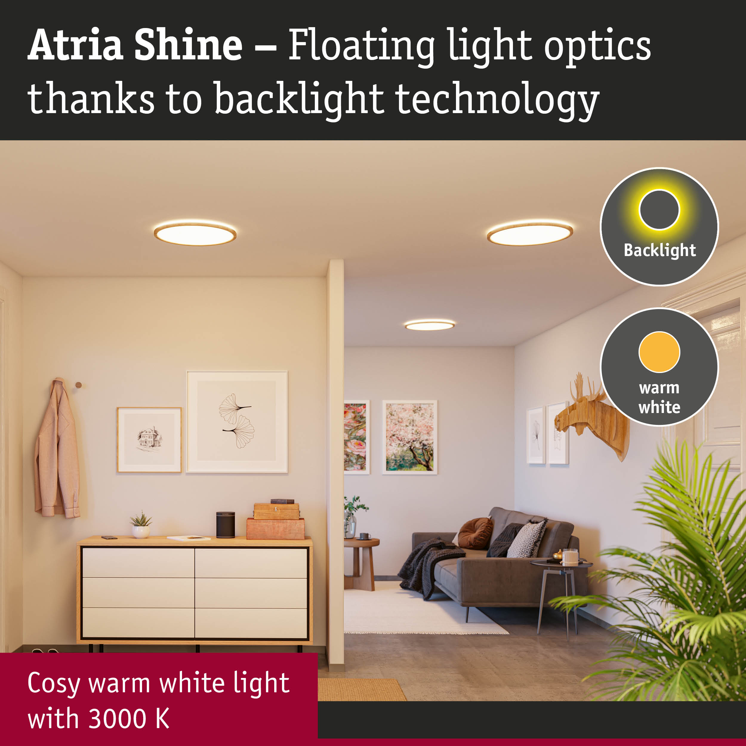 Living room with Atria Shine LED ceiling lights emitting warm white light and modern decor
