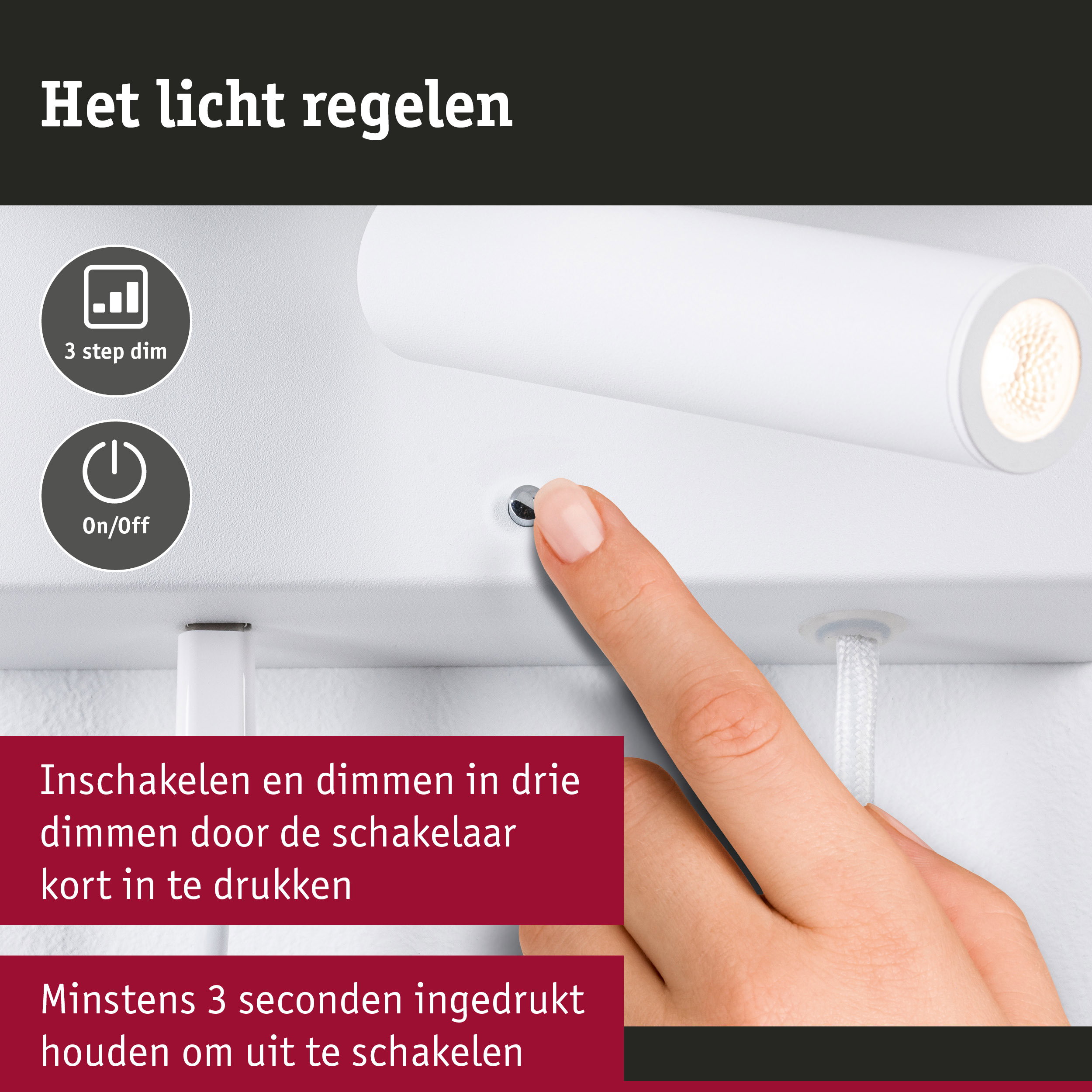 Witte LED-wandspot met 3-staps dimmer en aan/uit-schakelaar voor eenvoudige lichtregeling