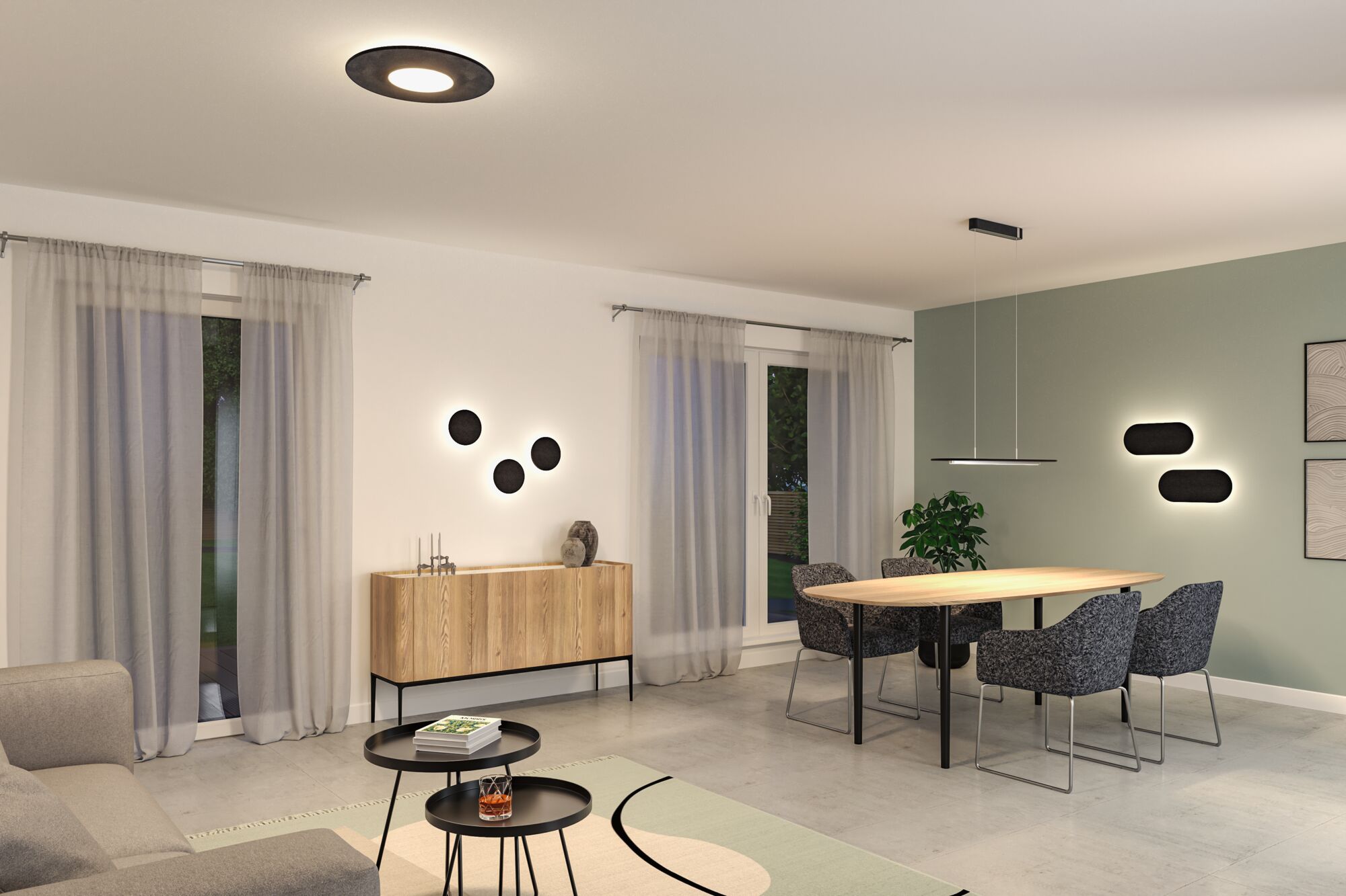 Salon moderne avec luminaires LED noirs au plafond et mur, buffet en bois et meubles gris.