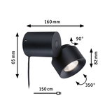 Black metal LED wall light with adjustable head and 150 cm cable for versatile lighting solutions.