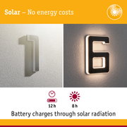 Solar-powered LED house number in black and white for energy-efficient outdoor lighting