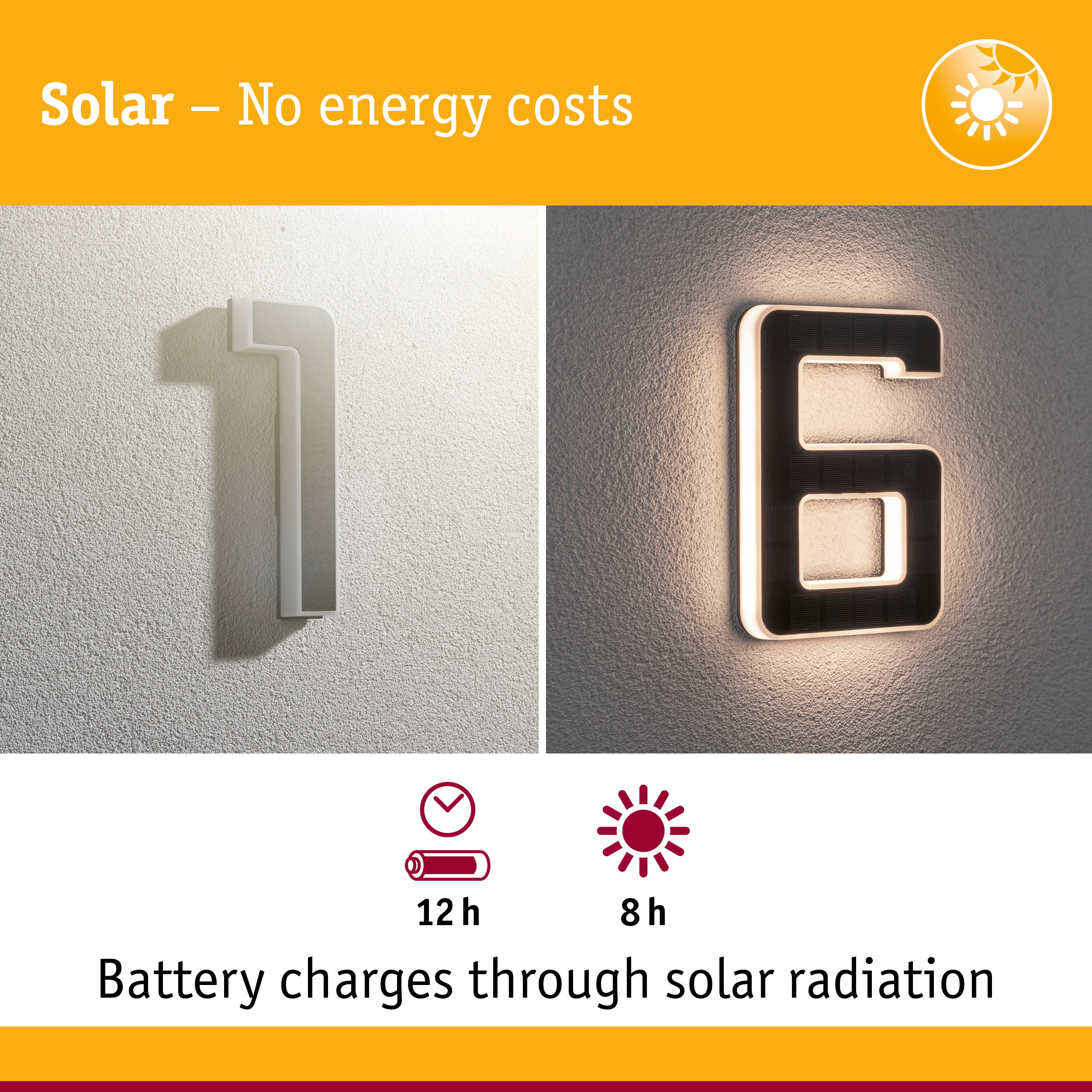 Solar-powered LED house number in black and white for energy-efficient outdoor lighting