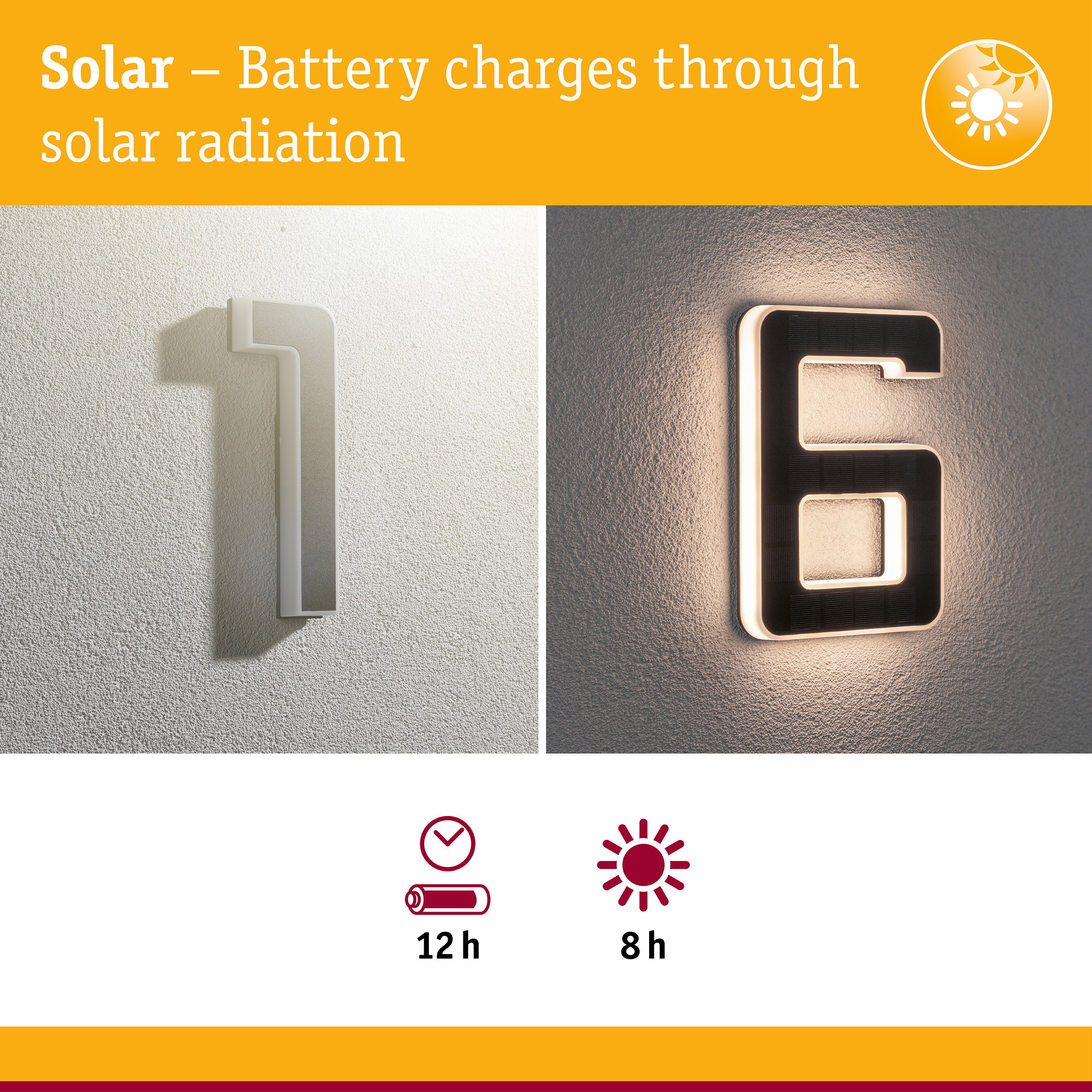 Solar-powered LED house number in black and white for energy-efficient outdoor lighting