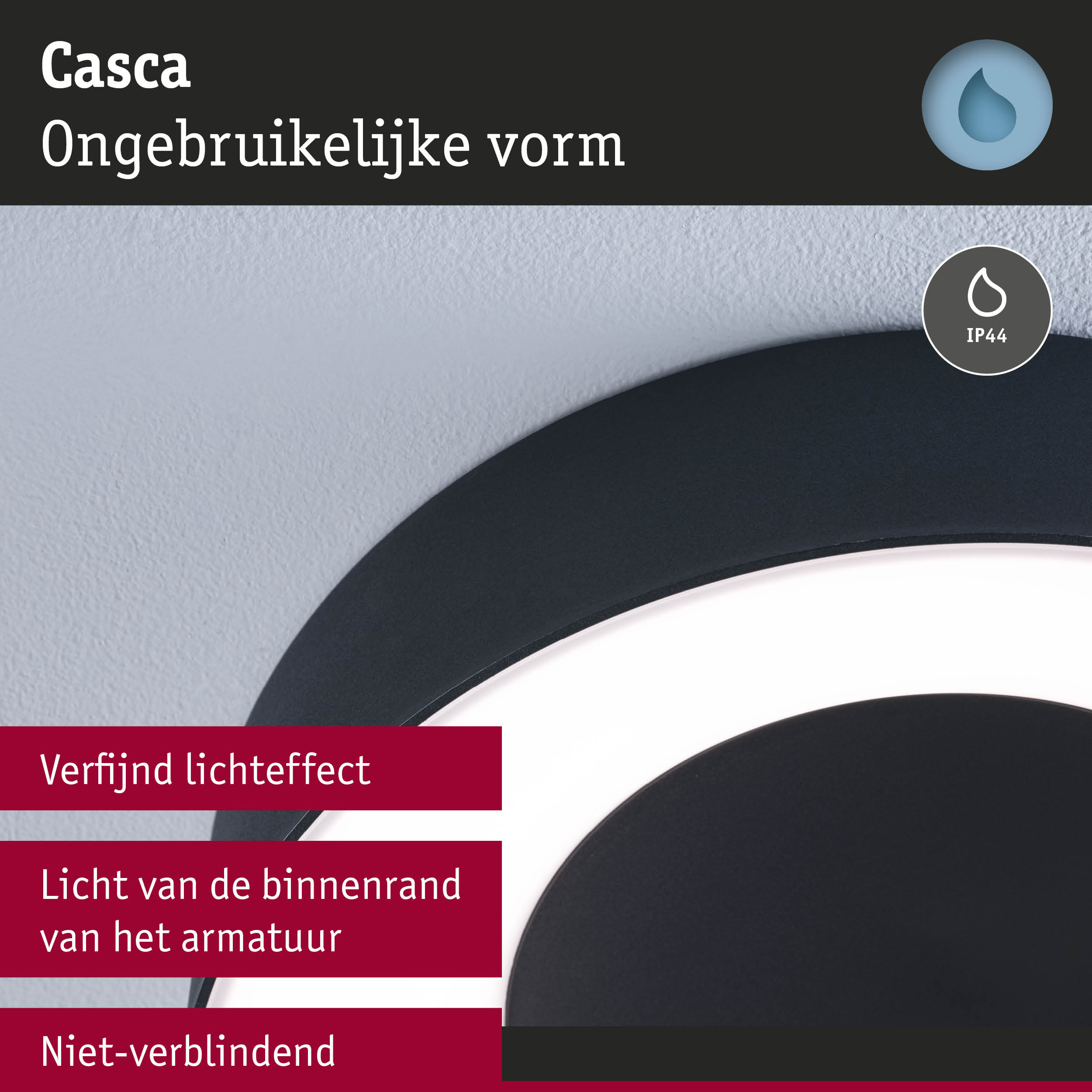 Zwarte Casca LED-plafondlamp met IP44 en zacht, niet-verblindend licht voor binnenruimtes
