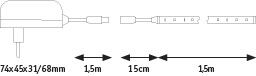 Technical drawing of a power adapter measuring 74x45x31/68mm with 1.5m cable length for LED lighting
