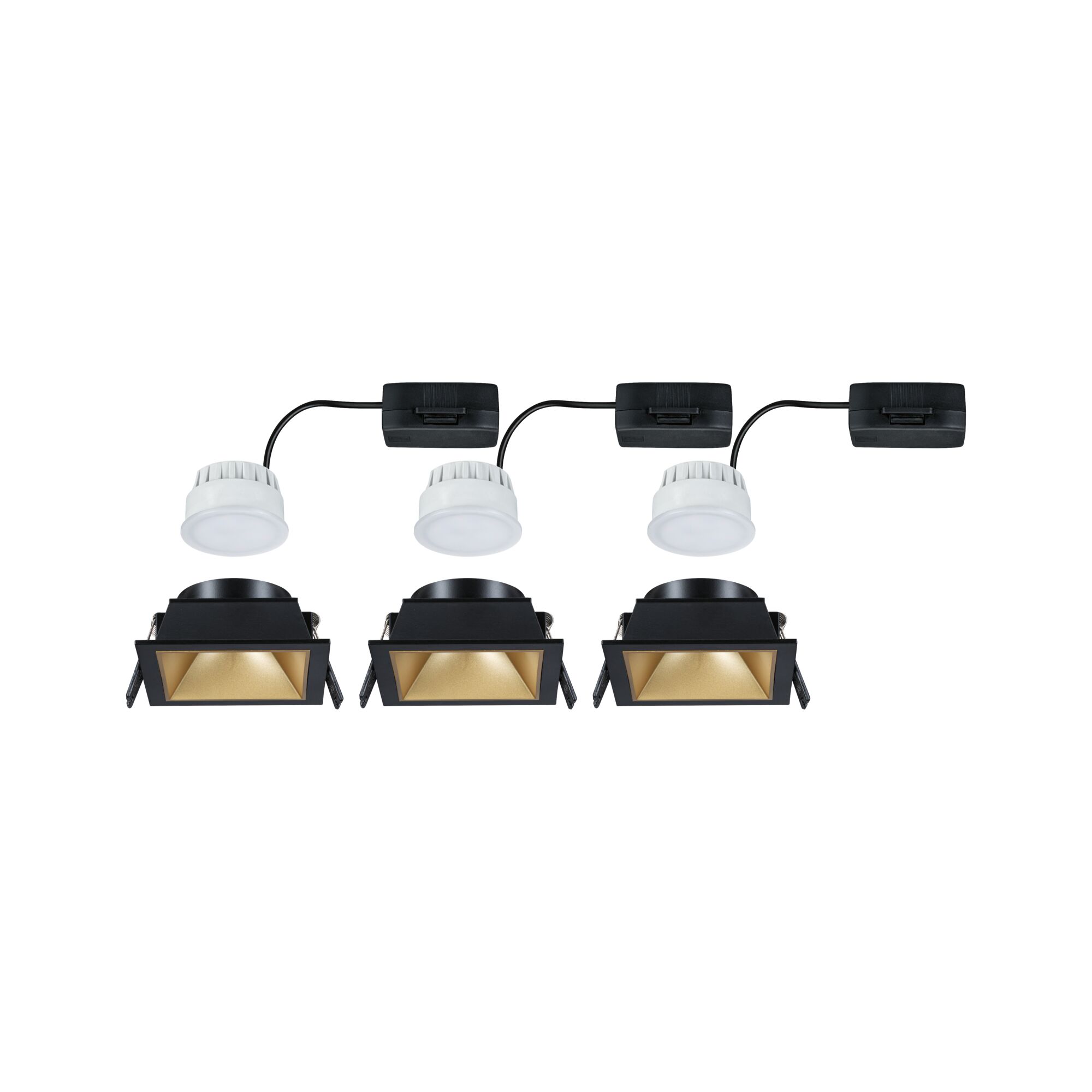 Three black square LED recessed spotlights with gold reflector and white drivers for modern lighting solutions
