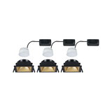 Drei schwarze eckige LED-Einbaustrahler mit goldfarbenem Reflektor und weißen Treibern für moderne Beleuchtung