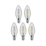 Five clear LED candle bulbs with E14 base and visible filaments for energy-efficient lighting.