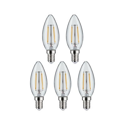 Five clear LED candle bulbs with E14 base and visible filaments for energy-efficient lighting.