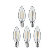 Fünf klare LED-Kerzenlampen mit E14-Fassung und sichtbaren Filamenten für energiesparende Beleuchtung.