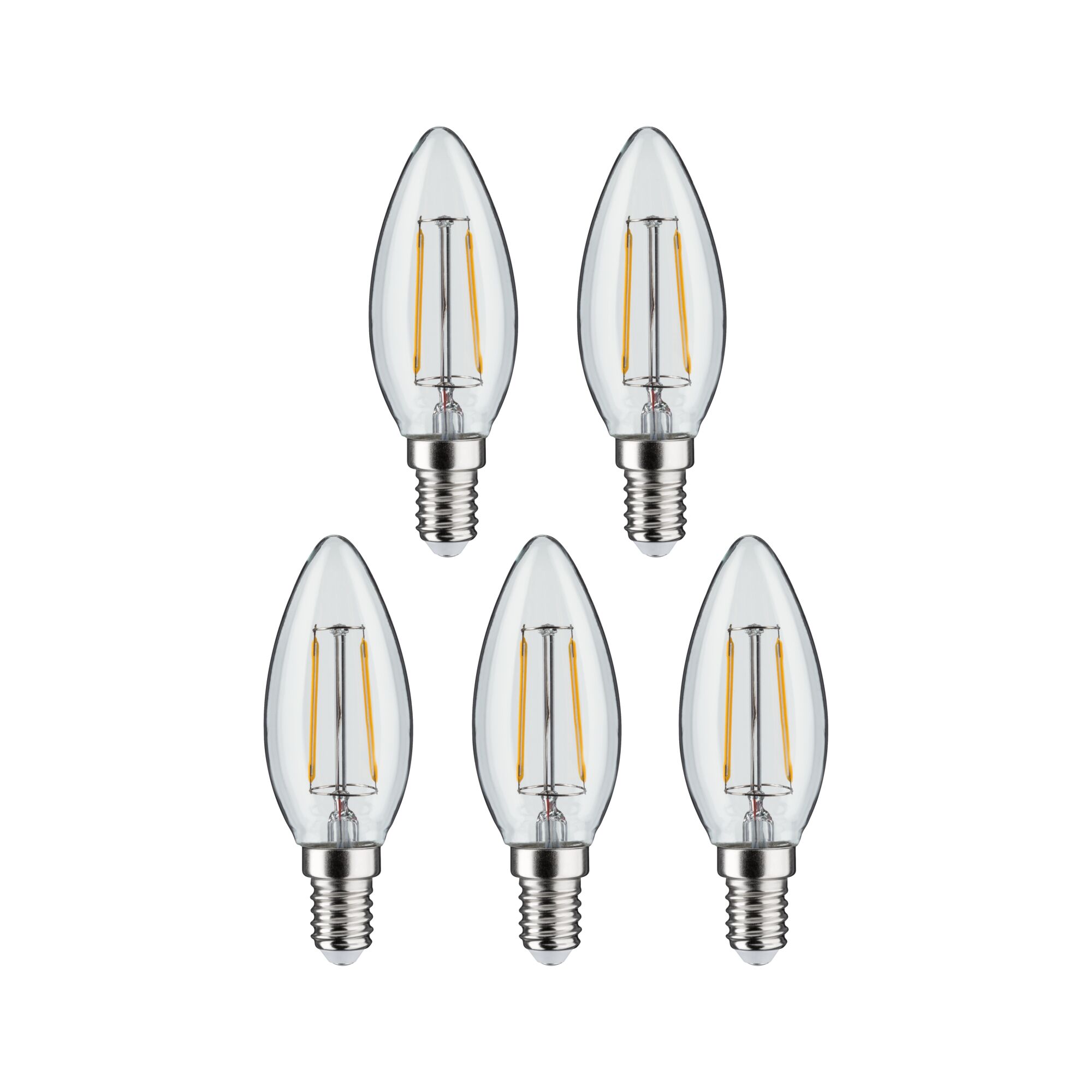 Fünf klare LED-Kerzenlampen mit E14-Fassung und sichtbaren Filamenten für energiesparende Beleuchtung.