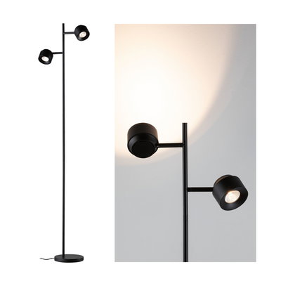 Black metal floor lamp with two adjustable spotlights for modern living spaces and LED lighting