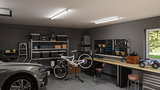Heldere LED-plafondlampen in moderne garage met werkbank, fiets en auto, praktische werkplaatsverlichting