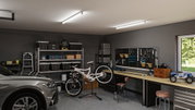 Bright LED ceiling lights in modern garage with workbench, bike and car, practical workshop lighting
