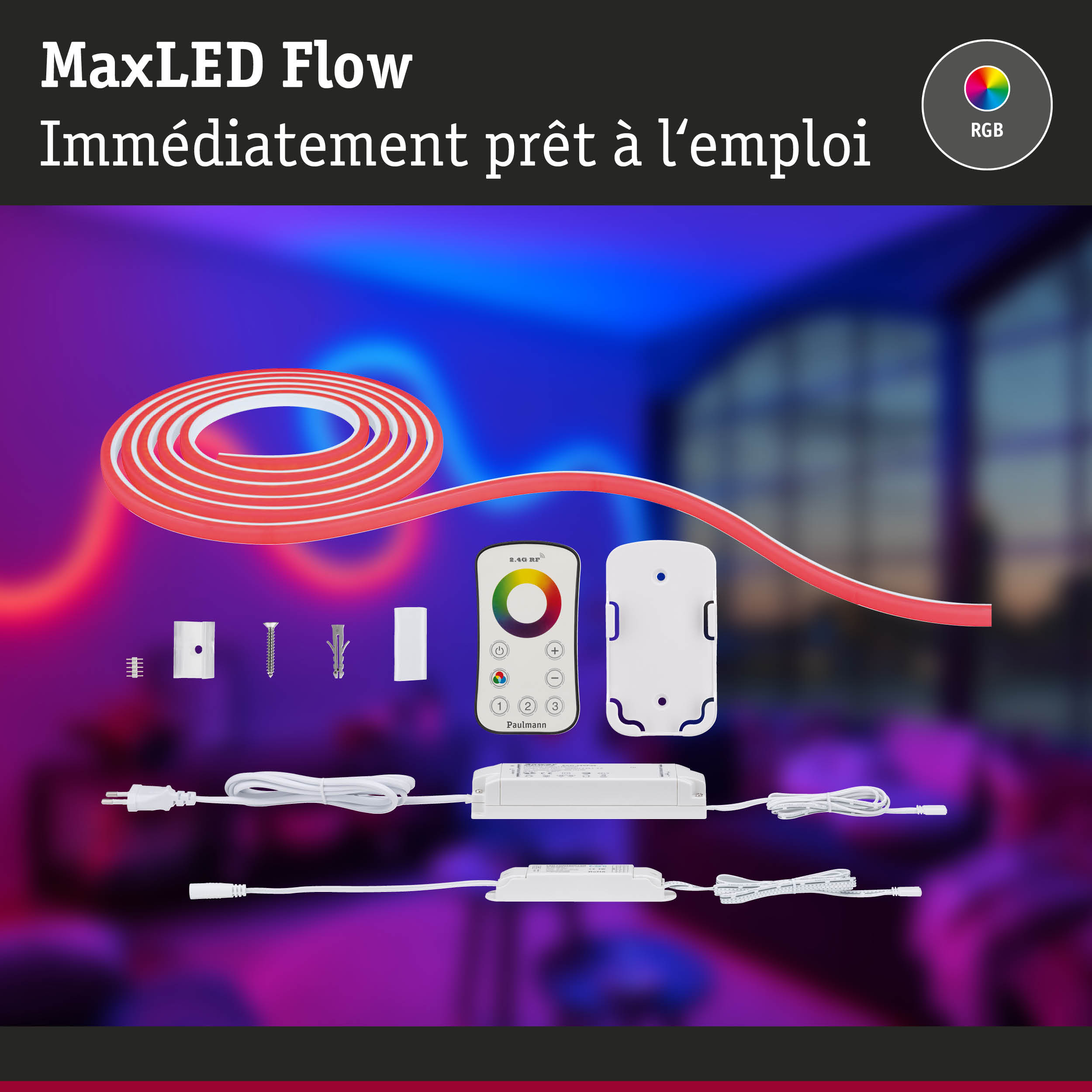 Bande LED MaxLED Flow RGB avec télécommande et accessoires pour éclairage flexible