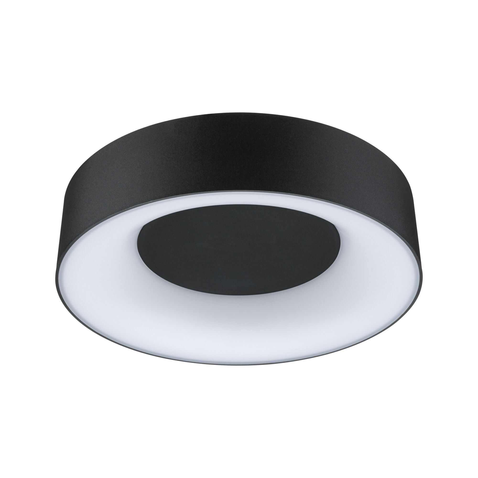 Rund loftlampe i sort metal med hvid diffusor til moderne indendørs belysning