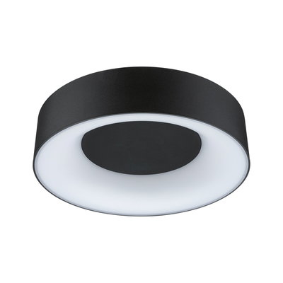 Rund loftlampe i sort metal med hvid diffusor til moderne indendørs belysning