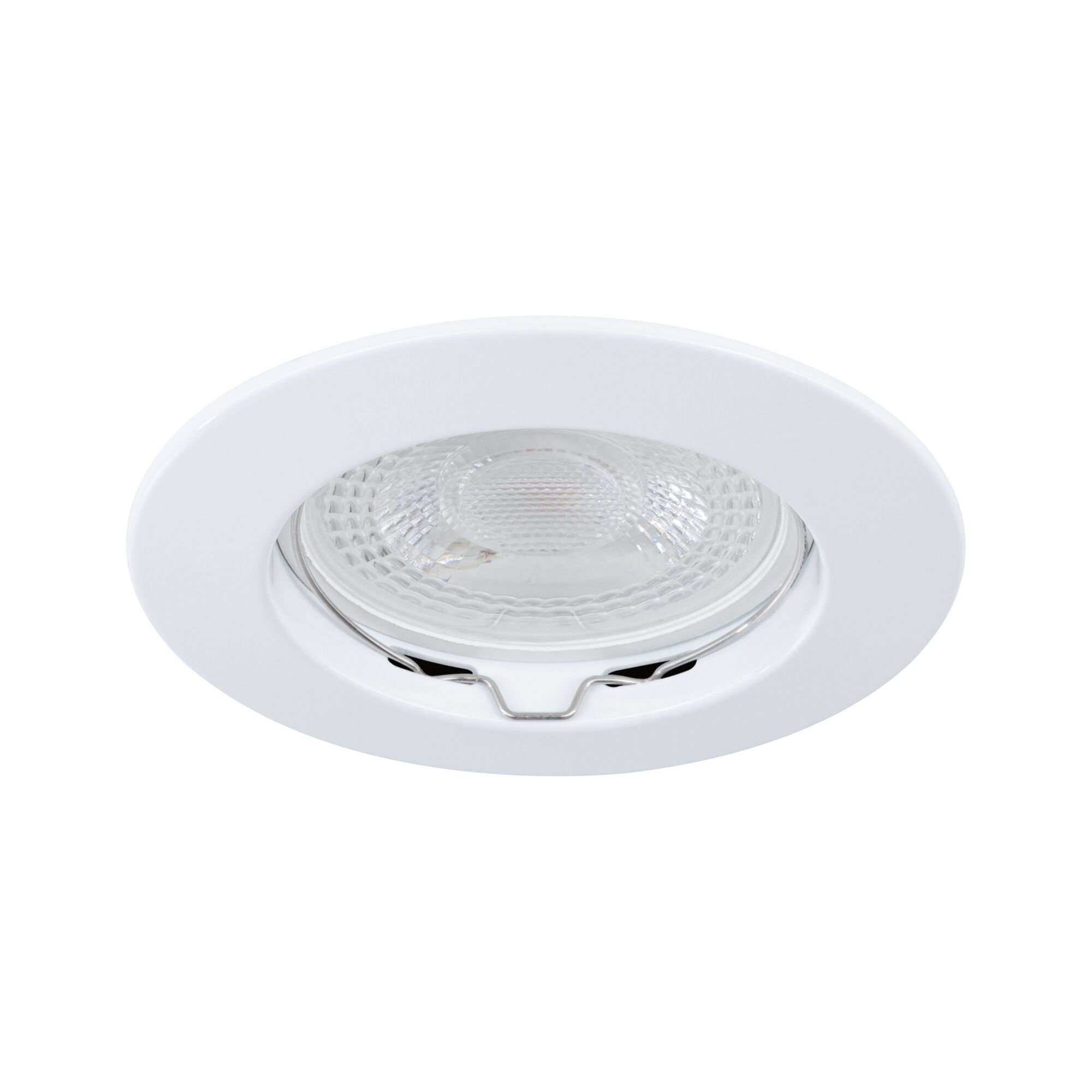 Round white plastic recessed spotlight with clear glass and metal spring for LED lighting
