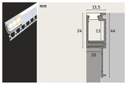 Profilé LED en aluminium argenté avec diffuseur laiteux, dessin technique avec dimensions en mm