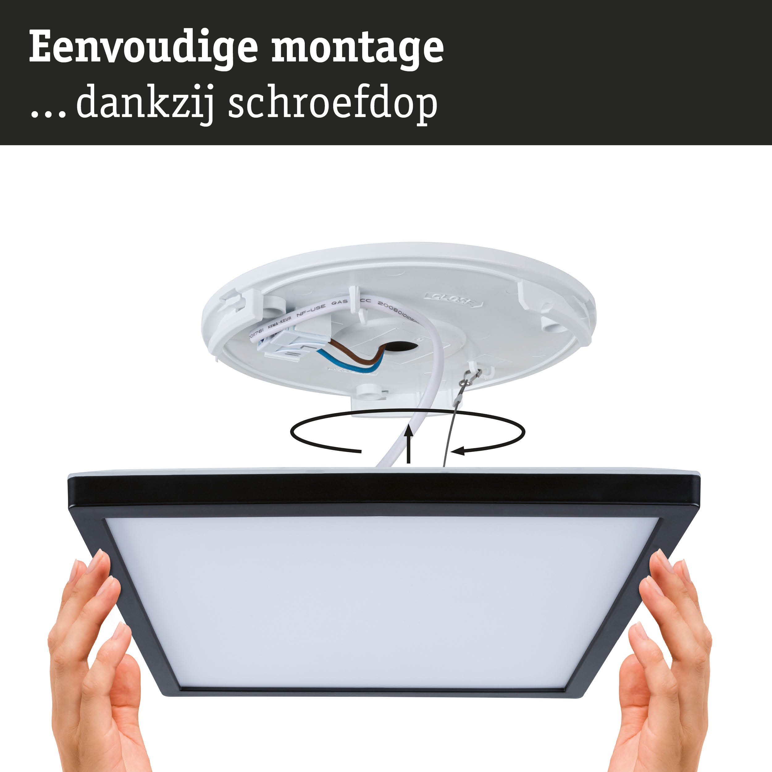 Montage van witte LED-plafondlamp met zwarte rand en schroefklemmen aansluiting